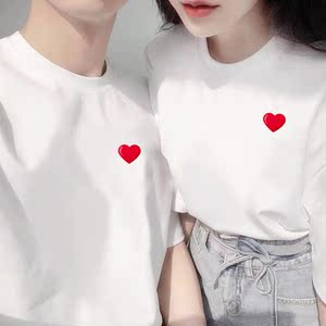 定制情侣短袖简约心形图案印花结婚证件照diy白色2件装圆领t恤潮