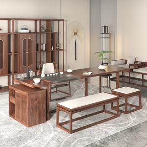 新中式实木茶桌椅组合侘寂风泡茶台家用客厅胡桃木办公室家具定制