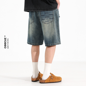 Ceecuz破洞做旧直筒牛仔短裤男款夏季新款美式潮流宽松阔腿五分裤