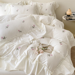 春季磨毛床上四件套韩版花边水洗棉被套公主风床单床笠床品三件套