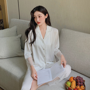 白色真丝睡衣女性感春秋透明网纱蕾丝边纯欲丝绸缎高级感家居服