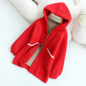 6岁3女童毛衣水貂绒开衫秋装新款洋气宝宝中长款冬装红色加厚外套