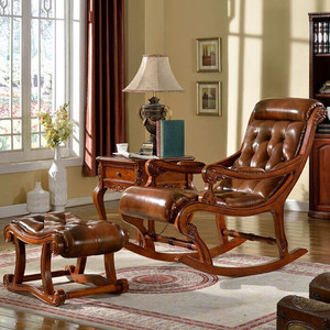 美式全实木真皮摇椅户台摇椅躺椅成人阳台老人遥椅欧式纯实木躺椅