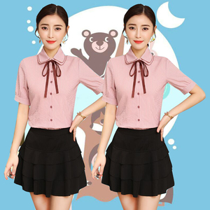 夏季幼儿园老师园服工作服2018新款夏装幼师职业装女套装条纹大码