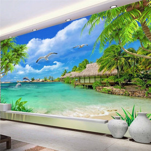 现代简约海景风景客厅沙发墙纸壁纸3d立体椰树沙滩电视背景墙壁画