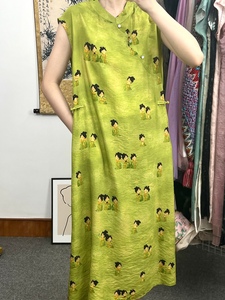 BIG力【小唐人】新中式国风单丝麻改良旗袍连衣裙·绿色