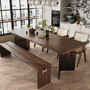 渐变亚克力悬浮餐桌诧寂风自然边长方形黑胡桃木实木书桌现代简约