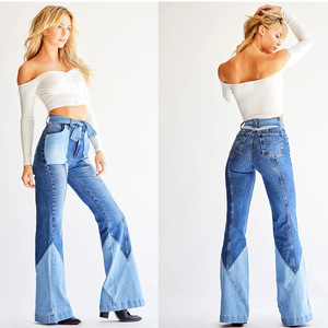 70年代复古高腰两色拼接腰带工厂现货亚马逊欧美女装牛仔喇叭裤