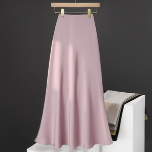 法式珠光粉色流光半身裙女显瘦绸缎面醋酸鱼尾裙到脚踝长裙子夏季