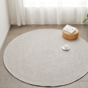 sk北欧简约手工编织灰色棉麻圆形地毯客厅地垫衣帽间卧室床尾毯