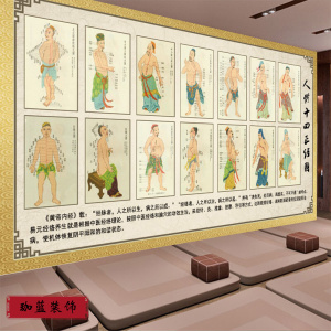 人体十四经络图壁纸中医养生馆壁画理疗馆经络穴位图解背景墙纸