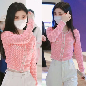 鞠婧祎同款粉色小香风针织开衫2021春洋气减龄高腰显瘦短款羊毛衣