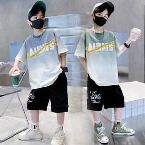 韩国男童夏季t恤短袖套装2024新款中大童上衣洋气儿童T恤两件套潮