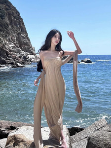 希腊女神连衣裙女秋季油画复古抹胸裙埃及度假沙漠废土风仙女长裙