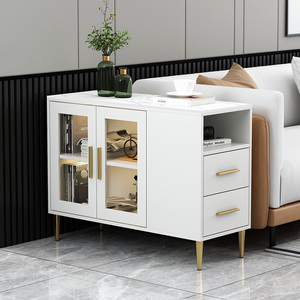 轻奢沙发边柜侧边柜岩板玻璃柜门小户型家用白色客厅角几窄型边几