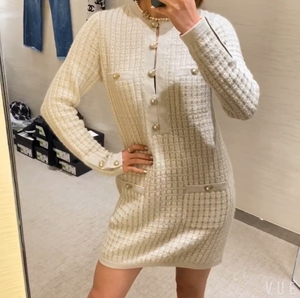 代购直邮chanel香奈儿2020早秋口袋纽扣钉珠编织中长款针织连衣裙