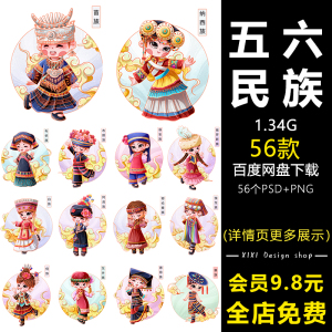 tb583640523356淘宝56个民族挂画中国少数民族服装壁画卡通人物装饰