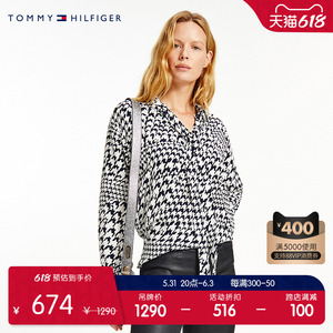 tommy 22新款春夏女装千鸟格金属logo开叉宽松长袖衬衫上衣32691