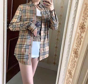 新秋季巴宝莉格子衬衫女纯棉长袖经典修身上衣彩虹字母宽松女衬衣