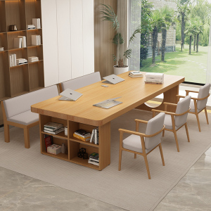 客厅实木书桌书柜一体化学习桌家用办公桌写字台现代简约长条大桌