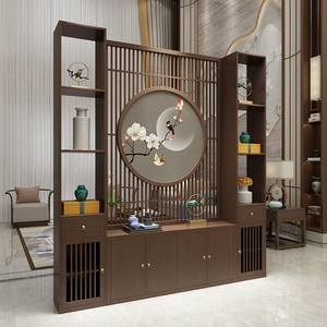 新中式进门屏风隔断客厅实木入户玄关置物架原鞋柜家用遮挡带一体