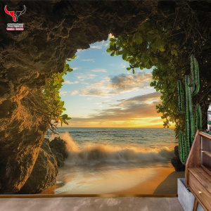 视觉延伸墙纸大自然风景3d立体大海山洞壁纸餐厅卧室酒店背景墙布