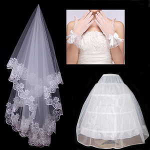 新娘结婚纱礼服花边头纱 弹力缎面手套 网纱裙撑三件套组合套装