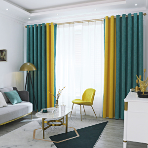 窗帘书房撞色新款2022年无缝拼接雪尼尔双色羊绒三色客厅卧室蓝黄