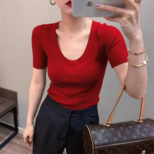 U领新品红色冰丝针织衫女2024夏季薄款修身圆领短袖T恤漏锁骨上衣