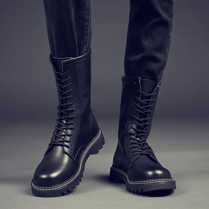 男士长筒皮靴黑色马丁靴男冬季加绒单靴高帮内增高6cm防水真牛皮