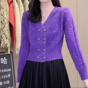 紫色小清新开衫毛衣女韩版宽松显瘦v领洋气百搭长袖针织短款外套