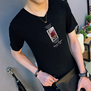 2019新款夏装短袖t恤男士V领3D印花韩版修身半袖上衣体恤衣服潮牌