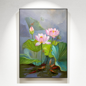 荷花锦鲤手绘九鱼图油画新中式玄关装饰画竖版客厅过道走廊挂画