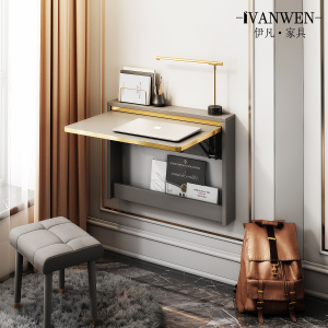 轻奢隐形壁挂式实木学习台折叠书桌翻板桌伸缩小户型挂墙壁电脑桌