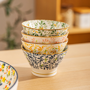 摩登主妇釉下彩日式米饭碗陶瓷餐具家用高脚斗笠碗个人专用吃饭碗