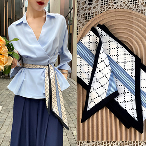 潜贝贝定制 蓝色格子丝带 时尚传单丝巾点缀腰带蓝色丝巾