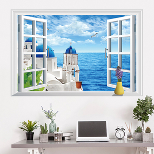 卧室假窗户墙贴画自粘贴纸3d风景画卫生间玻璃防水电视大白墙装饰