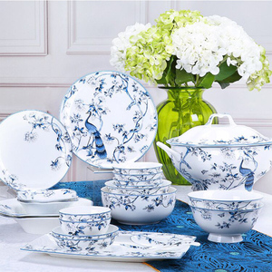 中式骨瓷碗青花瓷碗单个高颜值餐具陶瓷盘子菜盘鱼盘高脚碗盘家用