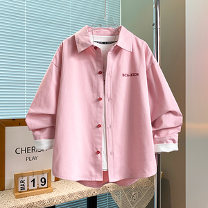 男童衬衫长袖春装2024新款洋气韩版中大童儿童男孩粉色衬衣上衣潮