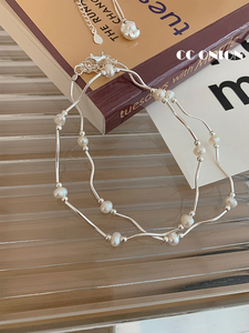 简约优雅S925纯银分段式波浪弯管天然珍珠项链项圈法式气质锁骨链