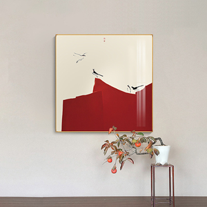 新中式艺术装饰画现代抽象客厅餐厅挂画正方形进门玄关墙红色壁画