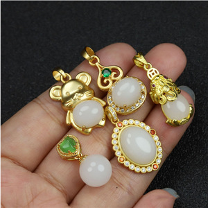 新疆金丝玉白玉锁骨链吊坠金镶玉s925银镶嵌玉坠挂件项链