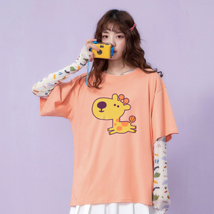 南极人2021夏季新款少女橘粉色短袖t恤大码宽松半袖上衣卡通印花