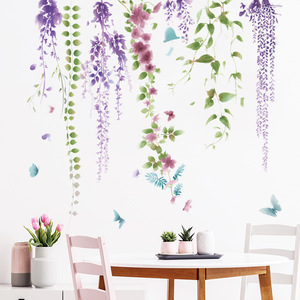 新款墙贴清新植物花卉紫藤花背景墙美化客厅卧室玄关石膏线布墨