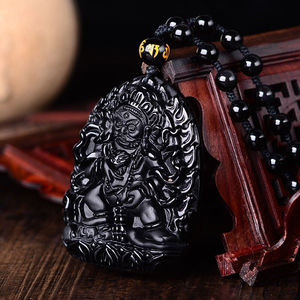 大黑天财神吊坠天然黑曜石黑黄财神挂件转运护身男女项链证书