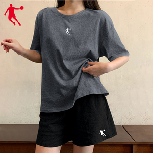 乔丹运动套装女2022夏季灰色跑步健身两件套外穿短袖短裤运动服女