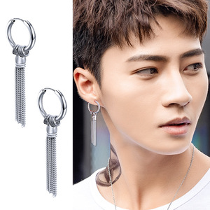 钛钢链条流苏耳环男士潮流个性男款耳钉韩国吊坠无耳洞耳夹配饰潮