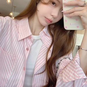 粉色条纹衬衫外套女夏季2024新款设计感小众防晒衬衣韩版宽松上衣