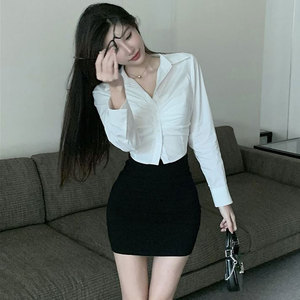 短裙套装女夏韩版性感显瘦上衣修身长袖高腰弹力紧身包臀半身短裙