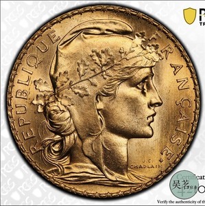 pcgs ms66 法国1907年公鸡金币玛丽安娜高卢雄鸡6.45克欧洲古钱币